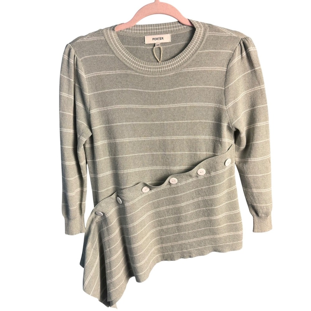 Porter Sage Green Striped Asymmetrical Button Knit Sweater XS Cottagecore